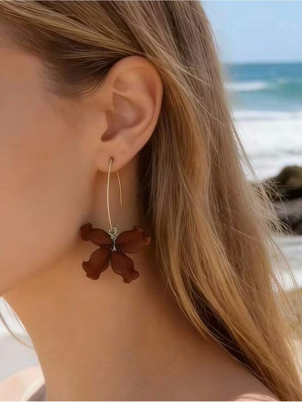 Delicate Petal Drop Earrings - Women Jewelry - Brown/Gold - Lightweight